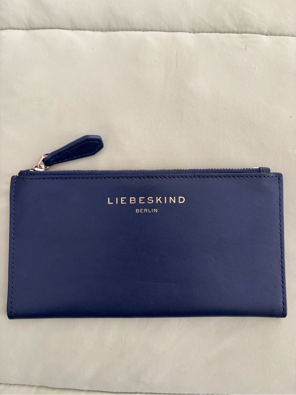Liebeskind Navy Leather Zip Card Wallet with Gold Logo